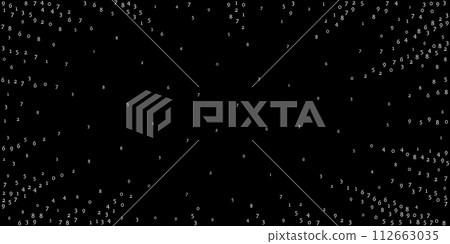 Falling numbers, big data concept. Binary white orderly flying digits. Classy futuristic banner on black background. Digital illustration with falling numbers. 112663035