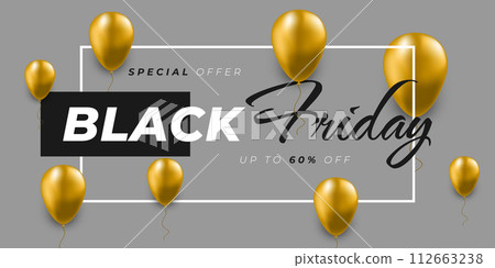Black Friday Sale Banner Design with Gold Helium Balloons. Advertising and Promotion Banner Design for Black Friday Campaign 112663238