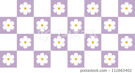 70s Vibes Groovy Checkerboard Seamless Pattern Large Square with Cute Flower In Lilac Mesh. Grid Background, Psychedelic Retro Style 112663402