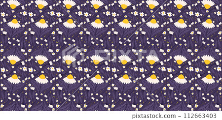 Continuous Seamless motif with daisies in midnight purple tones. Chamomile repeats on a purple background Continuous Seamless motif with daisies in midnight purple tones. Chamomile repeats on a purple background 112663403