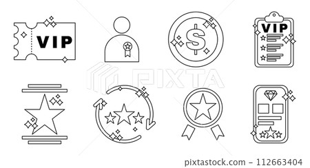 Exclusive benefits icon collection. VIP ticket, Star and Mobile phone, premium quality, coin token icons set 112663404