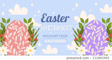 Easter sale horizontal background template for promotion. Design on sky blue background with painted eggs, leaves and flowers. Easter sale horizontal background template for promotion. Design on sky blue background with painted eggs, leaves and flowers. 112663405