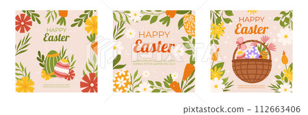 Easter collection of square social media post template. Design with floral frames, painted eggs in basket, carrot. Hand drawn flat vector illustration. 112663406