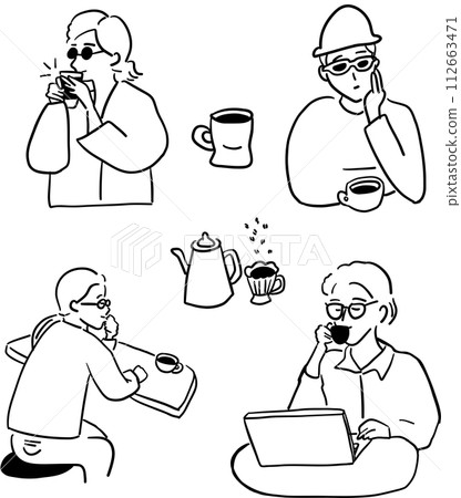 Illustration of various people drinking coffee Illustration of various people drinking coffee 112663471