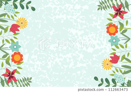Hand sketched background, vector illustration. Borders with leaves and flowers for greeting card, invitation template in pastel colors with texture on background. Retro, poster, background. 112663473