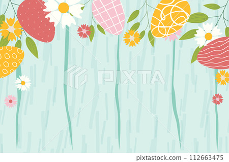 Easter background for banner, template. Trendy Easter design with flowers, eggs, in pastel colors with wooden texture on background. Flat vector illustration. 112663475