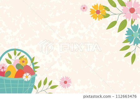 Easter background for banner, template. Trendy Easter design with flowers, basket of easter eggs, in pastel colors with texture on background. Flat vector illustration. 112663476