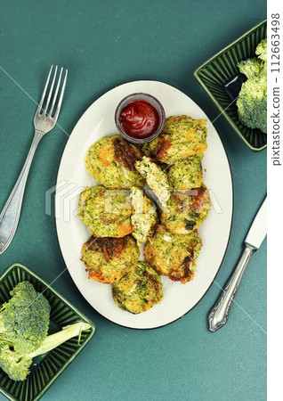 Delicious broccoli cutlet. Delicious broccoli cutlet. 112663498