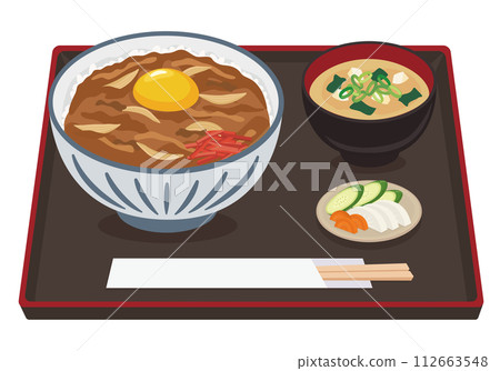 [向量圖] 一份豐盛的牛肉蓋飯，上面放著一個生雞蛋，盛放在托盤上（配有味噌湯） 112663548
