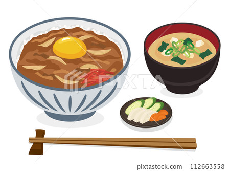 [向量圖] 午餐插畫套裝，包括牛肉蓋飯（配雞蛋）、味噌湯和筷子（白色背景） 112663558