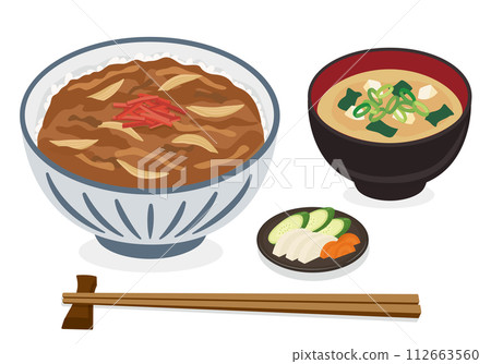 【向量圖】經典牛肉飯、味噌湯和筷子午餐插畫套裝(白色背景) 【向量圖】經典牛肉飯、味噌湯和筷子午餐插畫套裝(白色背景) 112663560
