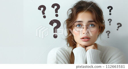Thinking woman and question mark Thinking woman and question mark 112663581