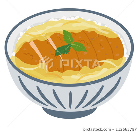 [向量圖] 經典日式豬排飯配流心蛋的插圖（單幅） 112663787