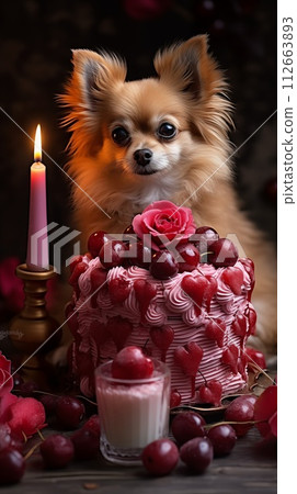 A luxurious cake with cherries arranged in a heart shape, next to it is a chihuahua 112663893