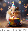 A hamster with birthday cake very happy and smiling 112663895