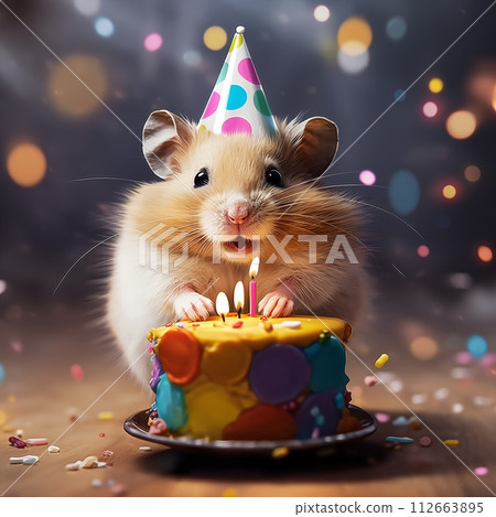 A hamster with birthday cake very happy and smiling 112663895