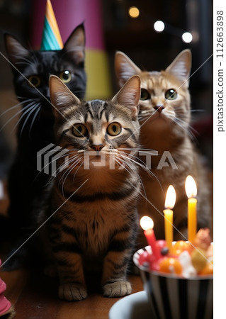 Cats sitting in front of a cake. They're celebrating a birthday 112663898