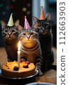 Cats sitting in front of a cake. They're celebrating a birthday 112663903
