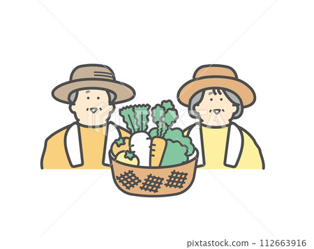 微笑的老夫婦在農場收割蔬菜 112663916