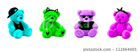 Neon cartoon bear doll set for teens and children. Fluffy soft stuffed toys. Little teddy bears vector illustrations in trendy style isolated on white background. Acid magenta cian lime black colors. Neon cartoon bear doll set for teens and children. Fluffy soft stuffed toys. Little teddy bears vector illustrations in trendy style isolated on white background. Acid magenta cian lime black colors. 112664005