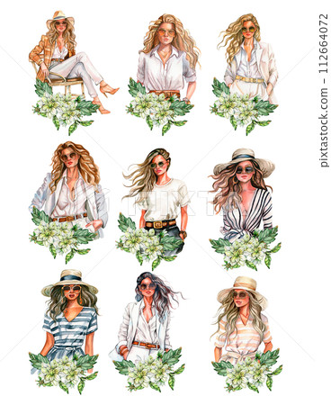 Watercolor fashion woman and white dahlia composition. Hand drawn illustration or a summer garden. Design for baby shower party, birthday, cake, holiday celebration design, greetings card,invitation. 112664072