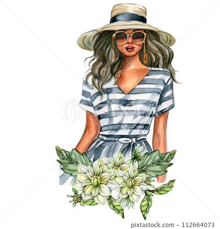 Watercolor fashion woman and white dahlia composition. Hand drawn illustration or a summer garden. Design for baby shower party, birthday, cake, holiday celebration design, greetings card,invitation. 112664073