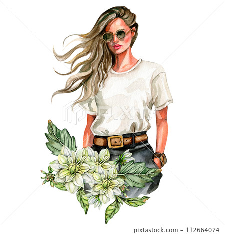 Watercolor fashion woman and white dahlia composition. Hand drawn illustration or a summer garden. Design for baby shower party, birthday, cake, holiday celebration design, greetings card,invitation. 112664074