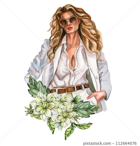 Watercolor fashion woman and white dahlia composition. Hand drawn illustration or a summer garden. Design for baby shower party, birthday, cake, holiday celebration design, greetings card,invitation. 112664076