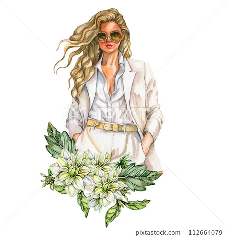 Watercolor fashion woman and white dahlia composition. Hand drawn illustration or a summer garden. Design for baby shower party, birthday, cake, holiday celebration design, greetings card,invitation. 112664079