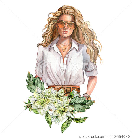 Watercolor fashion woman and white dahlia composition. Hand drawn illustration or a summer garden. Design for baby shower party, birthday, cake, holiday celebration design, greetings card,invitation. 112664080