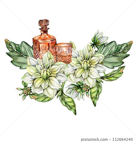 Watercolor rusty old elements and dahlia composition. Hand drawn illustration or a summer garden. Design for baby shower party, birthday, cake, holiday celebration design, greetings card,invitation. 112664240