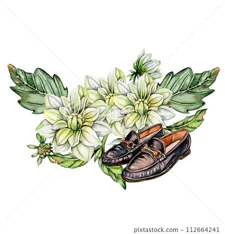 Watercolor rusty old elements and dahlia composition. Hand drawn illustration or a summer garden. Design for baby shower party, birthday, cake, holiday celebration design, greetings card,invitation. 112664241