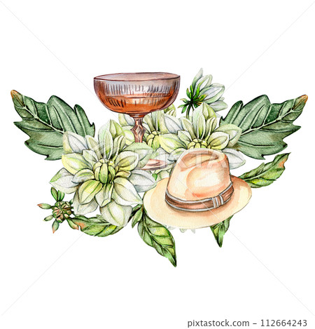 Watercolor rusty old elements and dahlia composition. Hand drawn illustration or a summer garden. Design for baby shower party, birthday, cake, holiday celebration design, greetings card,invitation. 112664243