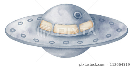 UFO watercolor illustration. Hand drawn sketch of flying saucer on isolated background. Futuristic extraterrestrial cute spacecraft in pastel colors for baby design. Cosmic object for childish cards. UFO watercolor illustration. Hand drawn sketch of flying saucer on isolated background. Futuristic extraterrestrial cute spacecraft in pastel colors for baby design. Cosmic object for childish cards. 112664519