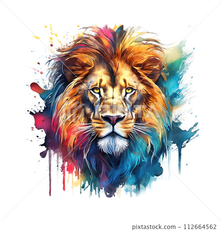 Colorful lion head on clean background for Sublimation Printing, T-shirt Design Clipart, DTF DTG Printing, Wild Animals, Illustration, Generative AI. Colorful lion head on clean background for Sublimation Printing, T-shirt Design Clipart, DTF DTG Printing, Wild Animals, Illustration, Generative AI. 112664562