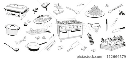 set  elements about cooking in a restaurant, pot, frying pan, colander, vegetables, knives, gas stove 112664879