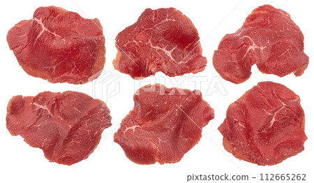 Thin slices of raw beef, carpaccio ingredient isolated on white background with clipping path 112665262