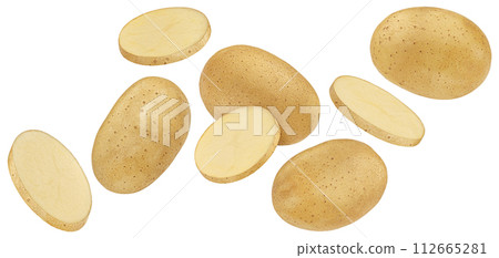 Falling potato slices isolated on white background with clipping path Falling potato slices isolated on white background with clipping path 112665281