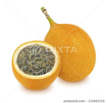 Granadilla or yellow passion fruit isolated on white background with clipping path, full depth of field 112665318