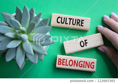 Culture of Belonging symbol. Wooden blocks with words Culture of Belonging. Beautiful green background with succulent plant. Businessman hand. Business and Culture of Belonging concept. Copy space. 112665365