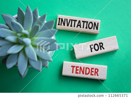 Invitation for Tender symbol. Concept words Invitation for Tender on wooden blocks. Beautiful green background with succulent plant. Business concept. Copy space. 112665371