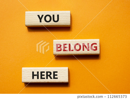 You belong here symbol. Wooden blocks with words You belong here. Beautiful orange background. Business and You belong here concept. Copy space. 112665373