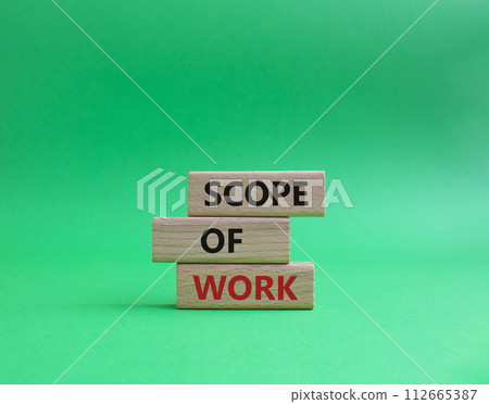 Scope of Work symbol. Concept words Scope of Work on wooden blocks. Beautiful green background. Business and Scope of Work concept. Copy space. 112665387