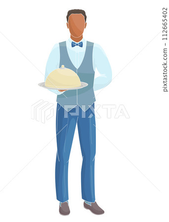 waiter African American man serving tray with Dish Food Cover waiter African American man serving tray with Dish Food Cover 112665402