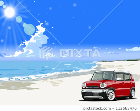 沿著海邊行駛的紅色汽車 沿著海邊行駛的紅色汽車 112665476