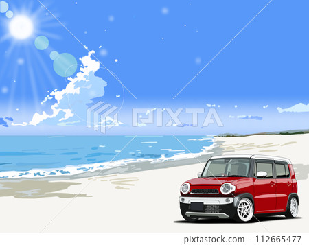 沿著海邊行駛的紅色汽車 112665477