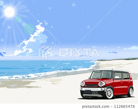 沿著海邊行駛的紅色汽車 沿著海邊行駛的紅色汽車 112665478
