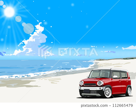 沿著海邊行駛的紅色汽車 沿著海邊行駛的紅色汽車 112665479