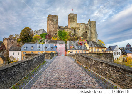 Runkel Castle, view from stone bridge in Runkel, Germany 112665616