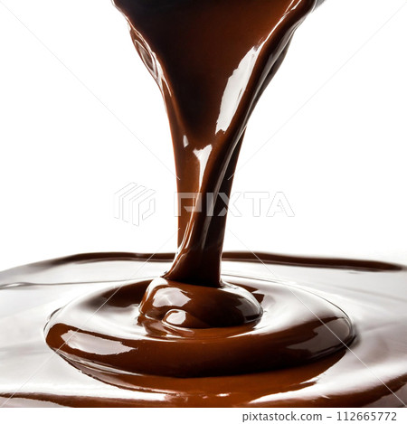 Melted chocolate flowing on a white background 112665772